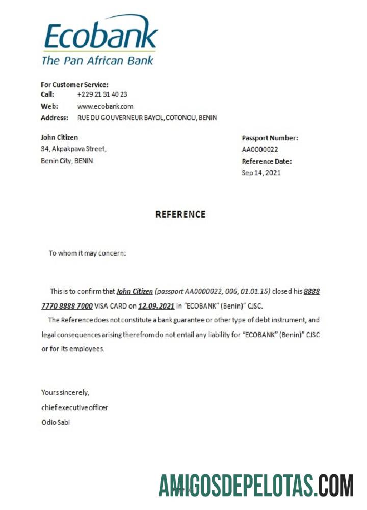 Referência de encerramento do Benin Ecobank amostra